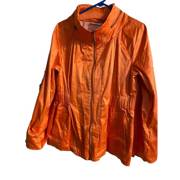 JH Collectible Satin Orange Jacket Womens Sz L Full Zip Roll Sleeve Hidden Hood - Picture 1 of 8